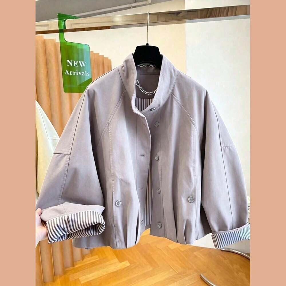 Lavender-Grey Mauve Stand Collar Striped Cuff Cropped Windbreaker Jacket